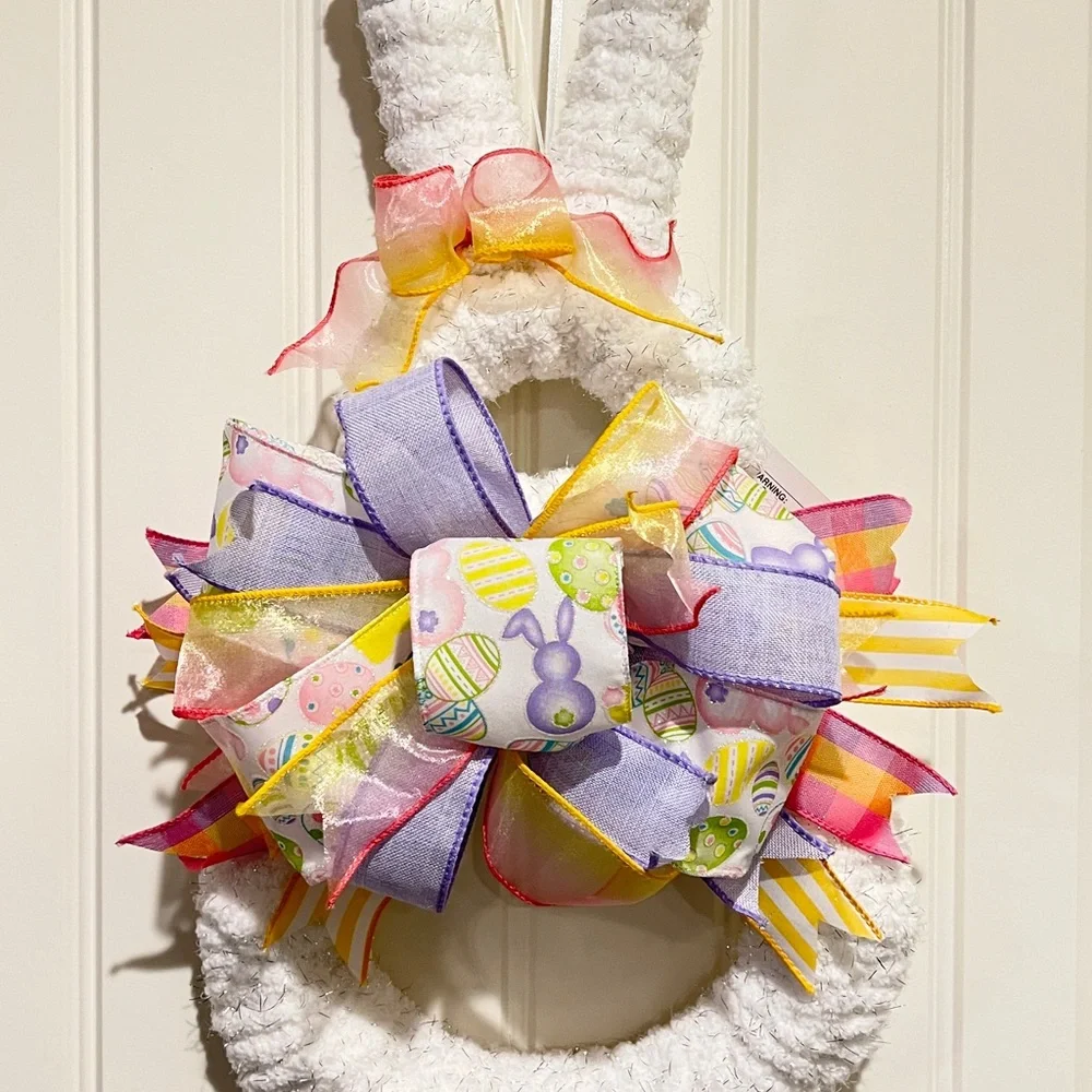 White Fluffy Yarn & Ribbon Bunny Wreath for Easter 19”L #3